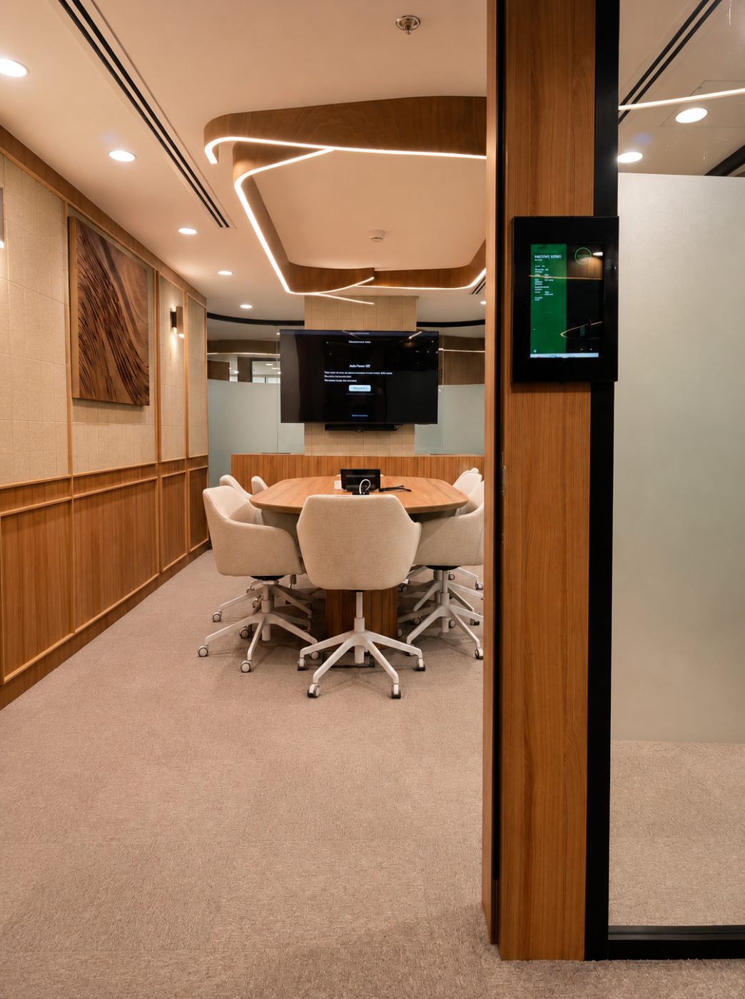 HiveOne meeting room with an oval table, wall screen and room-booking panel
