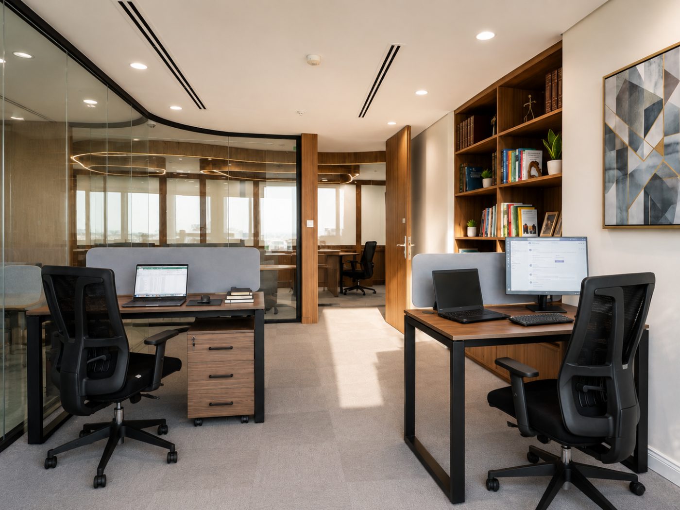 Shared office at HiveOne with dedicated desks, ergonomic chairs and a bookshelf